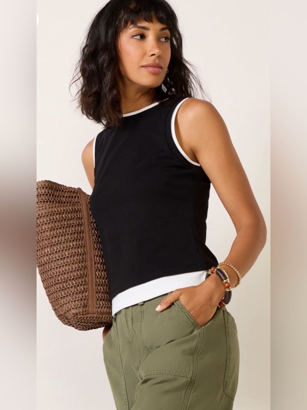 Evereve Jaxie Twofer Tank Black/White Size Large